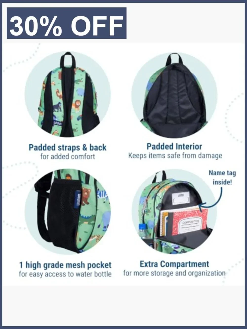 15-Inch Kids Backpack with Padded Straps & Water Bottle Pocket
